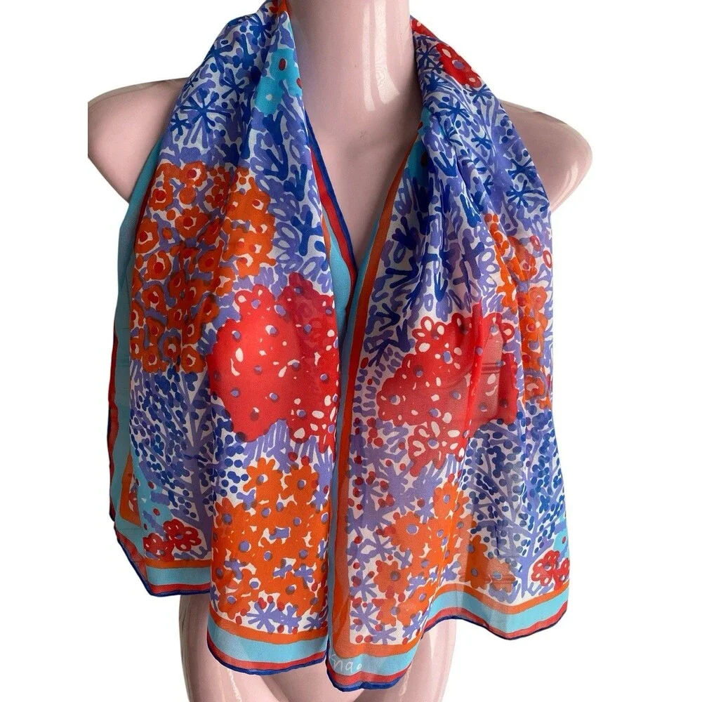 Vintage Vera Neumann Scarf Oblong Red White Blue Abstract Floral Mod Go Go